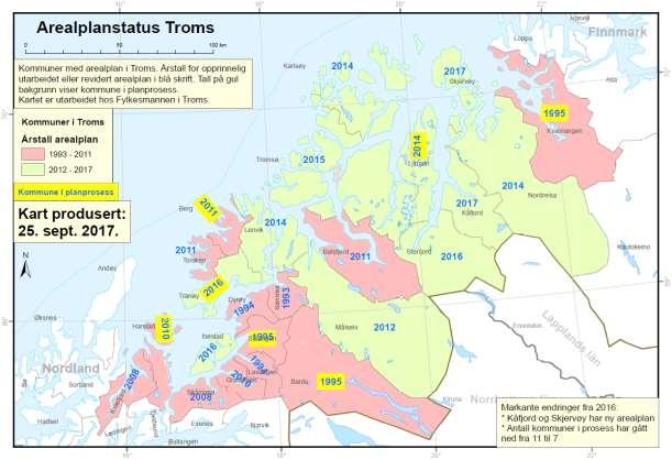 Arealplanstatus kommuneplaner i Troms pr oktober 2017 - Omriss av kommuneplaner og kommunedelplaner for samtlige kommuner skal være tilgjengelig på SePlan i løpet av 2017.