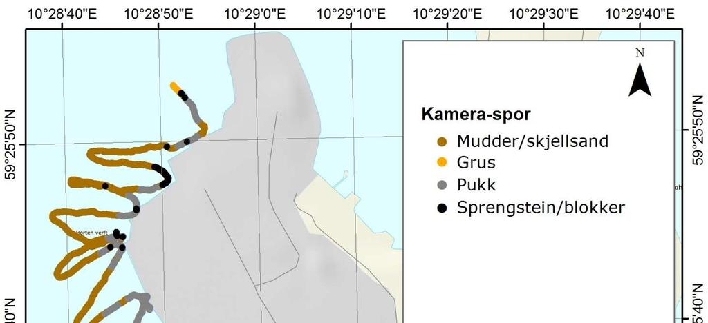 Figur 3-4 Registrert bunnsubstrat fra kartleggingen i Horten havn Oktober 2017. 3.2 Skrot og søppel Det ble registrert mye søppel og skrot langs transektene, mer enn mulig å logge i sanntid.