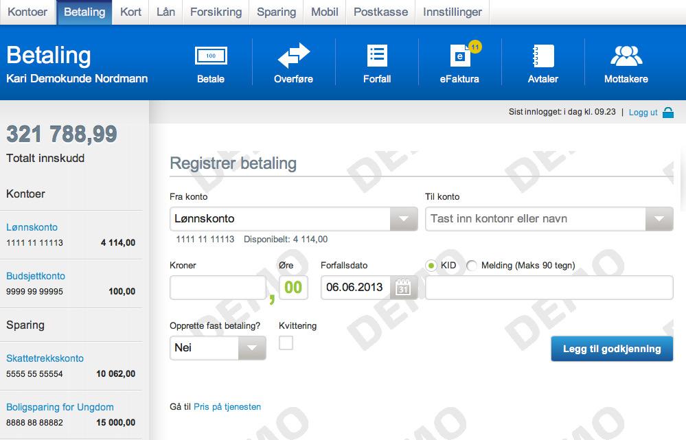 Betaling 1 2 3 4 5 6 7 8 Klikk på Betaling 1. Velg konto beløpet skal trekkes fra. Standard konto for betaling kan endres. 2. Skriv inn mottakers kontonummer eller navn, eller velg i listen over mottakere 3.