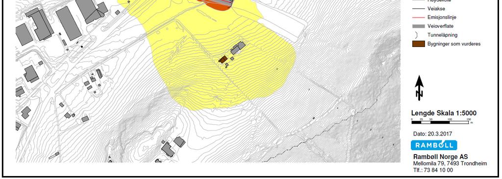 Vi kan se at én bolig er markert, som ligger i gul sone. Beregningshøyden er 4 meter over terreng.
