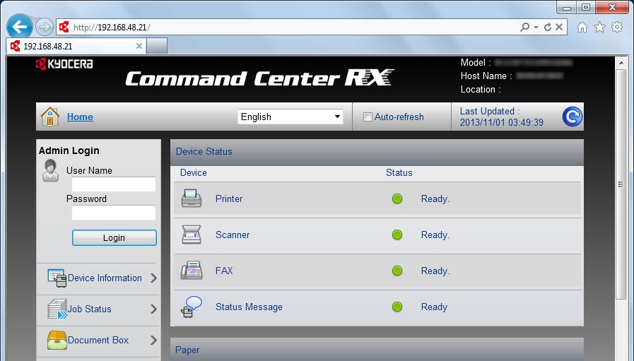 Installere og konfigurere maskinen > Command Center RX Tilgang til Command Center RX 1 Vis skjermbildet. 1 Start webleseren.