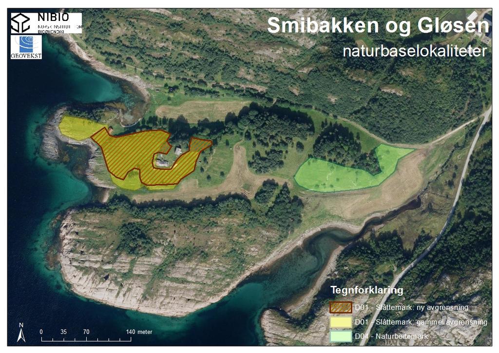 7. Ortofoto/kart 7.1 Avgrensning av lokalitetene ved registrering Figur 2. Avgrensning av lokalitetene Gløsen naturbeitemark og Smibakken-Sørværnes slåttemark.