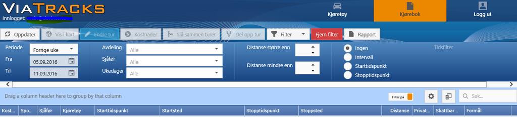 1.2.EKSEMPEL PÅ PC TABELL-VISNING Her kan du selv definere hvilke turer du vil ha i listen. Du kan sortere på periode, dato, dag, klokkeslett-intervall, start/stopptidspunkt og distanse.