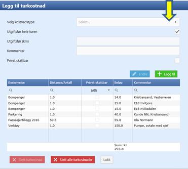 KOSTNADER (NÆRINGSTUR MED PRIVAT BIL) Denne funksjonen er mest relevant for næringstur med privat bil. Standard satser for kalenderåret er lagt inn i ViaTracks systemet.