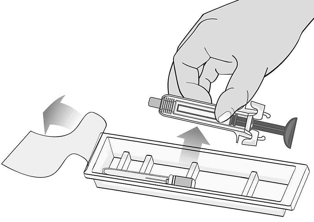 Trinn 3: Ta ut og kontroller den ferdigfylte sprøyen Dra plastfolien av plastbrettet og ta ut kanylen og sprøyten.