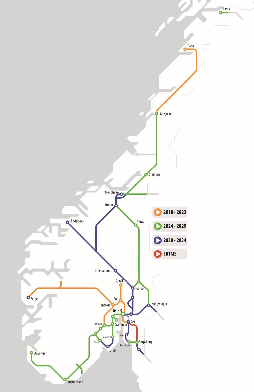 Kartet under viser tidspunkt for innføring av ERTMS.