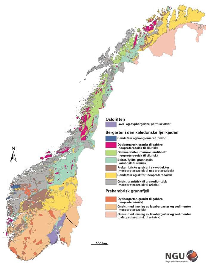 Fig. 1. Berggrunnsgeologisk kart over Norge (kilde: Norges geologiske undersøkelse). i indre strøk og minst i ytre kyststrøk.