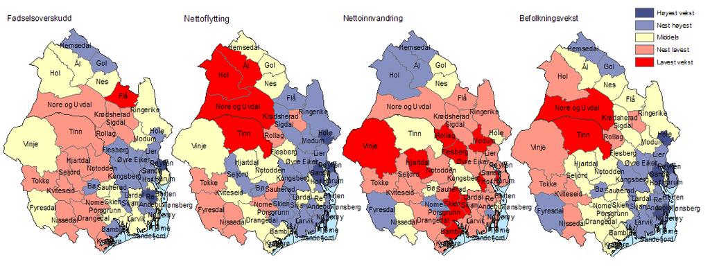 Figur 5: Kart over befolkningsendringer i kommuner i perioden 2004-2008, netto endringer i fødselsoverskudd, innenlands flytting, innvandring og befolkningsvekst i forhold til folketallet.