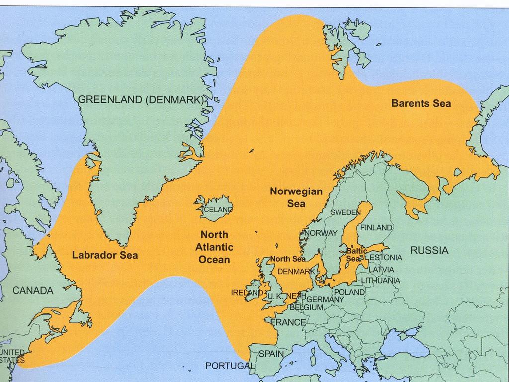 Naturlig utbredelsesområde for Atlantisk laks i Nord Atlanteren.