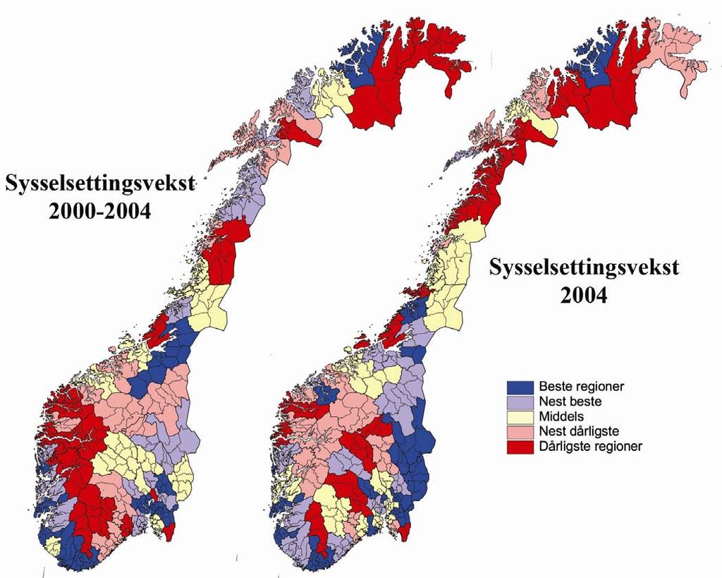 Kart med sysselsettingsvekst i regioner Veksten i den samlede sysselsettingen i regionene i Norge er vist i kartene over.