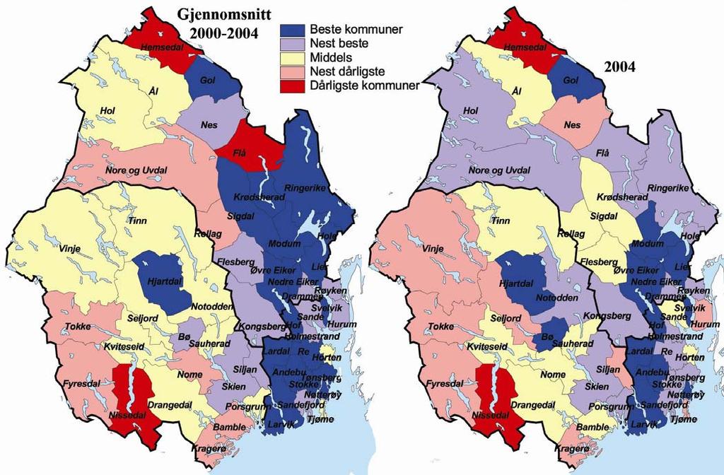 Næringsanalyse for BTV Lønnsomhet i kommunene i BTV Kartene over viser andel lønnsomme foretak i kommunene i BTV. Til venstre er gjennomsnittstall for 2000-2004 vist, og til høyre tallene for 2004.