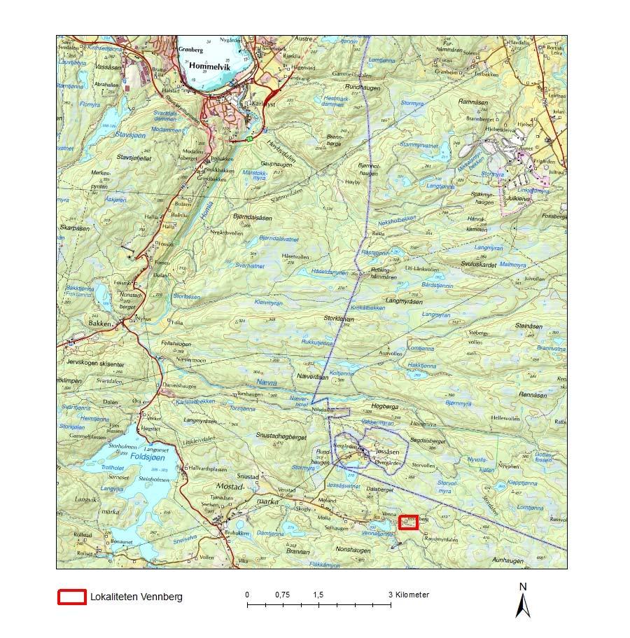 Kart Figur 1: Oversikt over lokaliteten Vennberg, Malvik kommune, inntegnet med rødt.
