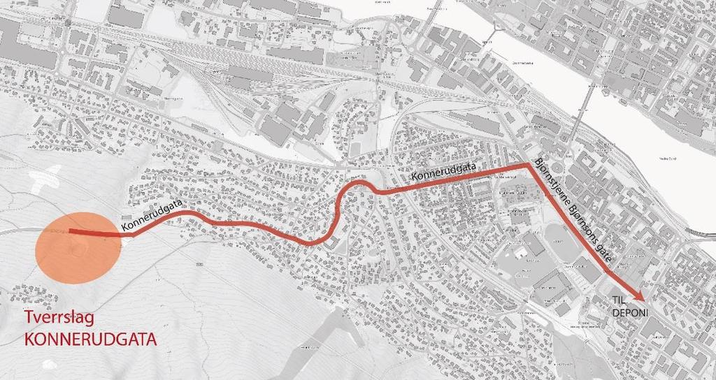Tverrslag Konnerudgata Figur 4: Sannsynlig område for tverrslag ved Konnerudgata med eksempel på mulig
