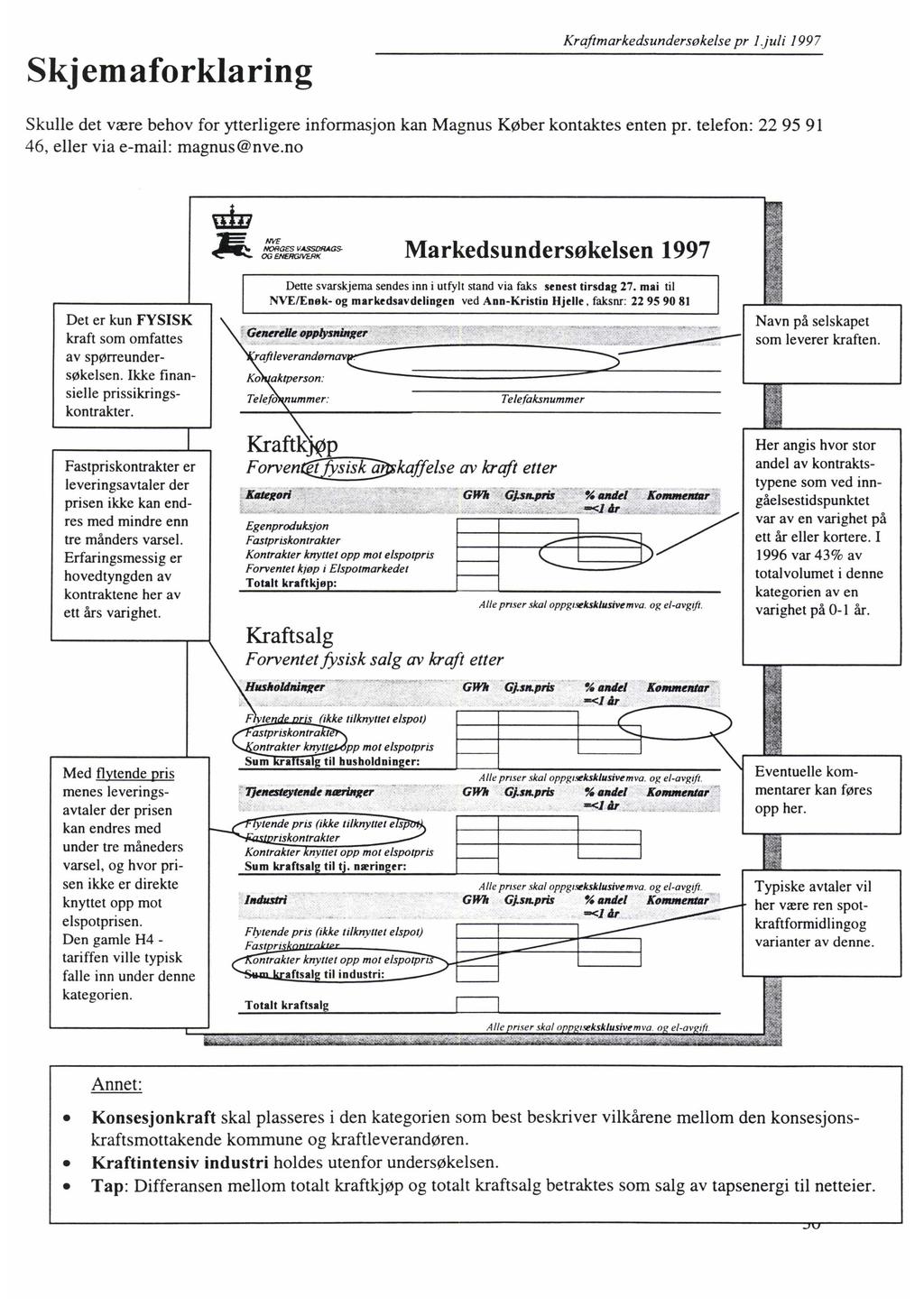 Skjemaforklaring Krafimarkedsundersokelse pr 1.juli 1997 Skulle det være behov for ytterligere informasjon kan Magnus Køber kontaktes enten pr. telefon: 22 95 91 46, eller via e-mail: magnus@nve.
