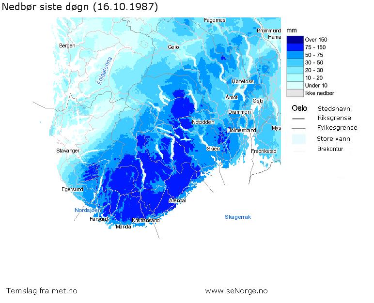 Flommen i oktober 1987 1-døgns nedbør: 30-60 mm (maks 97 mm) 2 døgns nedbør: 45-80 mm (maks 120