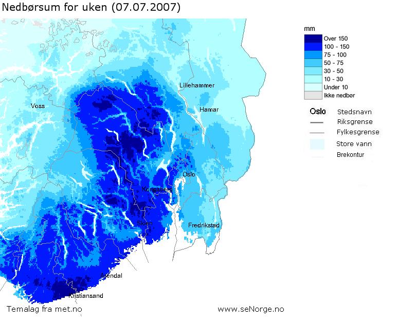 Nedbørsum 7 døgn 30. juni og 7.