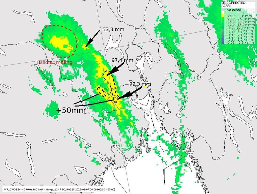 Akkumulert nedbør over 12 timer fra radar fra kl 14:00 6 august til kl 02:00 7 august. Gule felt viser døgnnedbør på 25 mm eller mer.