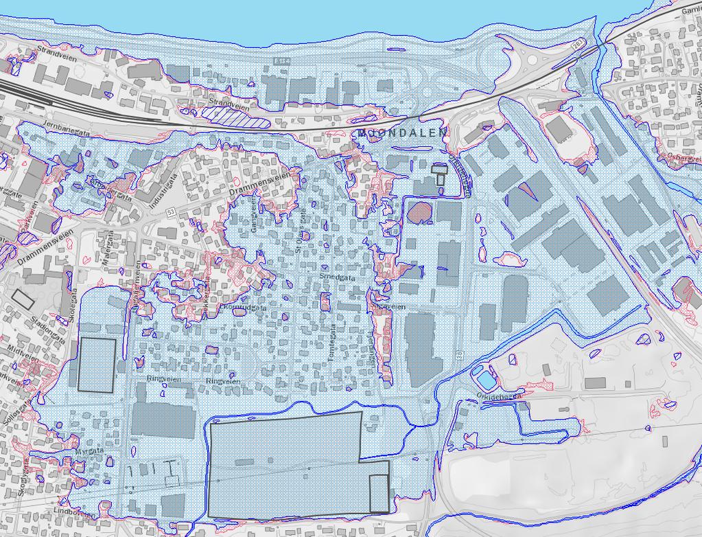 Figur 2-1 Område som blir oversvømt i Mjøndalen når det er 200-årsflom i Drammenselva. Klimaendringene vil ikke gi større flommer i Drammenselva, men vil bidra til havnivåstigning.