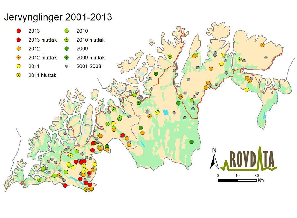 Side 7 av 12 Figur 1. Dokumenterte ynglinger av jerv i region 8 i årene 2001 2013. Kilde: Rovdata, Norsk institutt for naturforskning Kjent avgang I løpet av rovviltårene (1. juni 31.