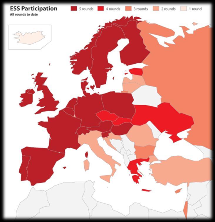 European Social Survey (ESS) i dag Flernasjonal spørreundersøkelse i 30 land 45 000 registrerte brukere Gjennomføres annen hvert år (runde fem er gjennomført) Finansieres i felleskap av