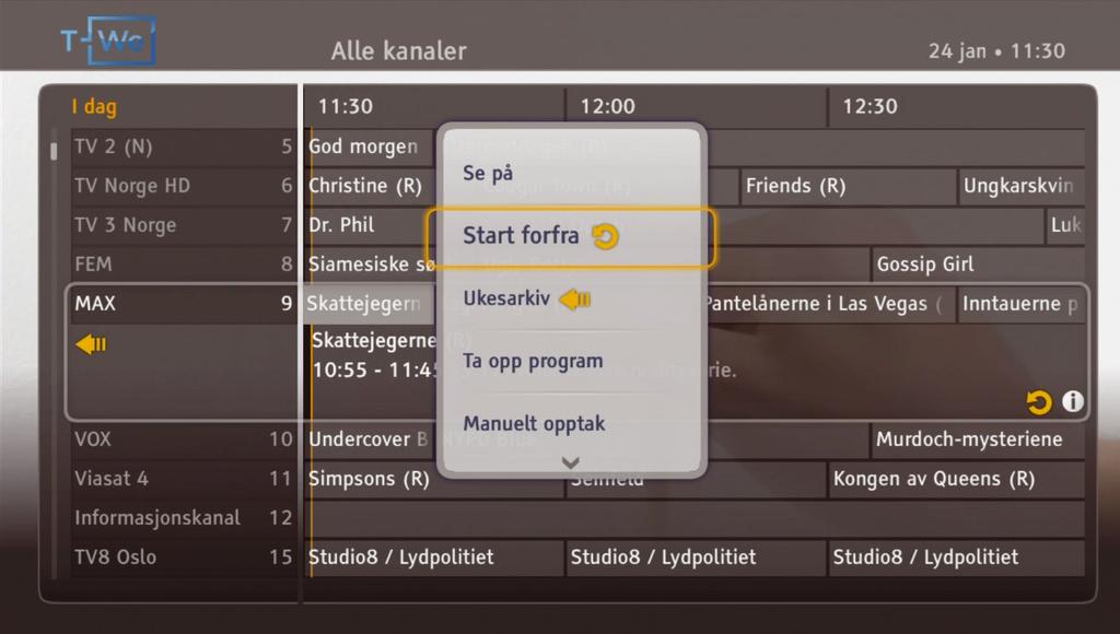 Min side TV-arkiv* Start forfra* Ved å trykke på [Menu] fjernkontrollen og velge Min side i hoved menyen, får du tilgang til valgmuligheter du ellers må gå