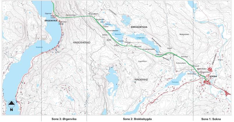 7. Kort omtale av utbyggingen. 7.1 Beliggenhet med mer. Den nye traséen for riksveg 7 Sokna Ørgenvika ligger i Ringerike og Krødsherad kommuner. Traséen er vist i kartskisse nedenfor. Figur 7.1. Trasé ny rv.