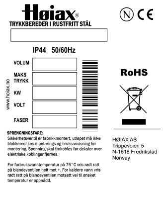 Ventiler og elektrisk utstyr garanteres i 2 år. Garantien gjelder kun når tanken er forskriftsmessig installert av autorisert rørlegger og hvis tanken er fylt med vann før strømmen blir koblet til.