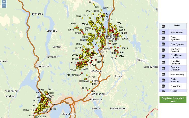 Geografisk oversikt over radiobjeller i Akershus* * Inkluderer også en del av enhetene som tilhører Vestmarka-prosjektet Sau undersøkt i Akershus og Oslo 2013 (Pr. 25. sept.