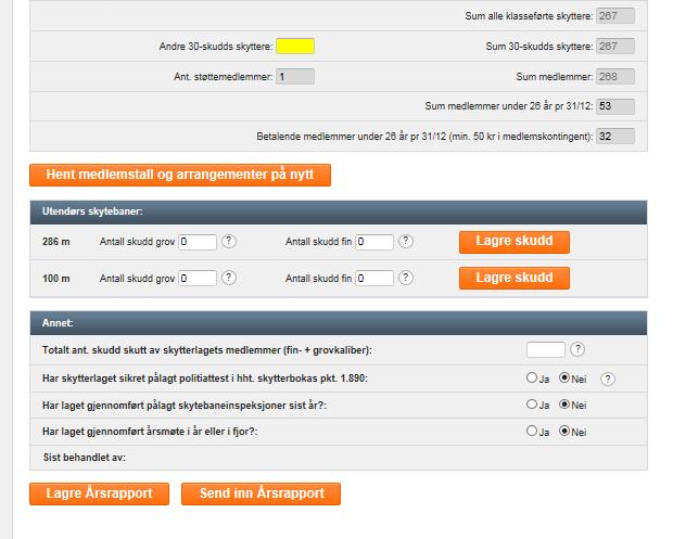 Felt «Utendørs baner»: Fyll inn manuelt antall skudd på egne baner Årsrapport Felt «Annet»: Fylles inn manuelt Knapp «Lagre»: Lagrer arbeidet «midlertidig» hvis du må forlate maskinen Knapp «Send