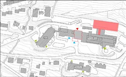 SCENARIO 2 NYBYGG BEHANDLING OVERSIKT Et nytt behandlingsbygg med operasjon og intensiv bygges over parkering på nordsiden av eksisterende bygg.