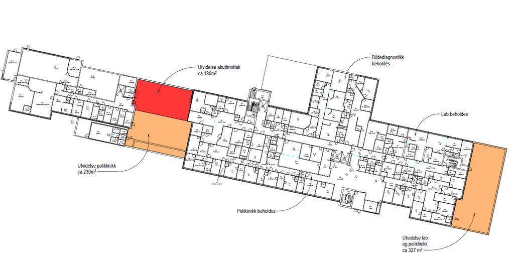 SCENARIO 1 - TO TILBYGG PLAN 1 Akuttmottak beholdes Farget areal i nybygg og ombygging: Lab.