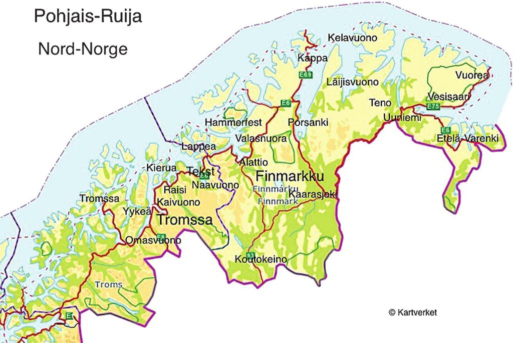 kapittel 1 Kart 1.1 Tradisjonelle bruksområder for kvensk og viktigste kommuner (Kjelde: Norgeskart. De kvenske stedsnavna er lagt til av Eira Söderholm.