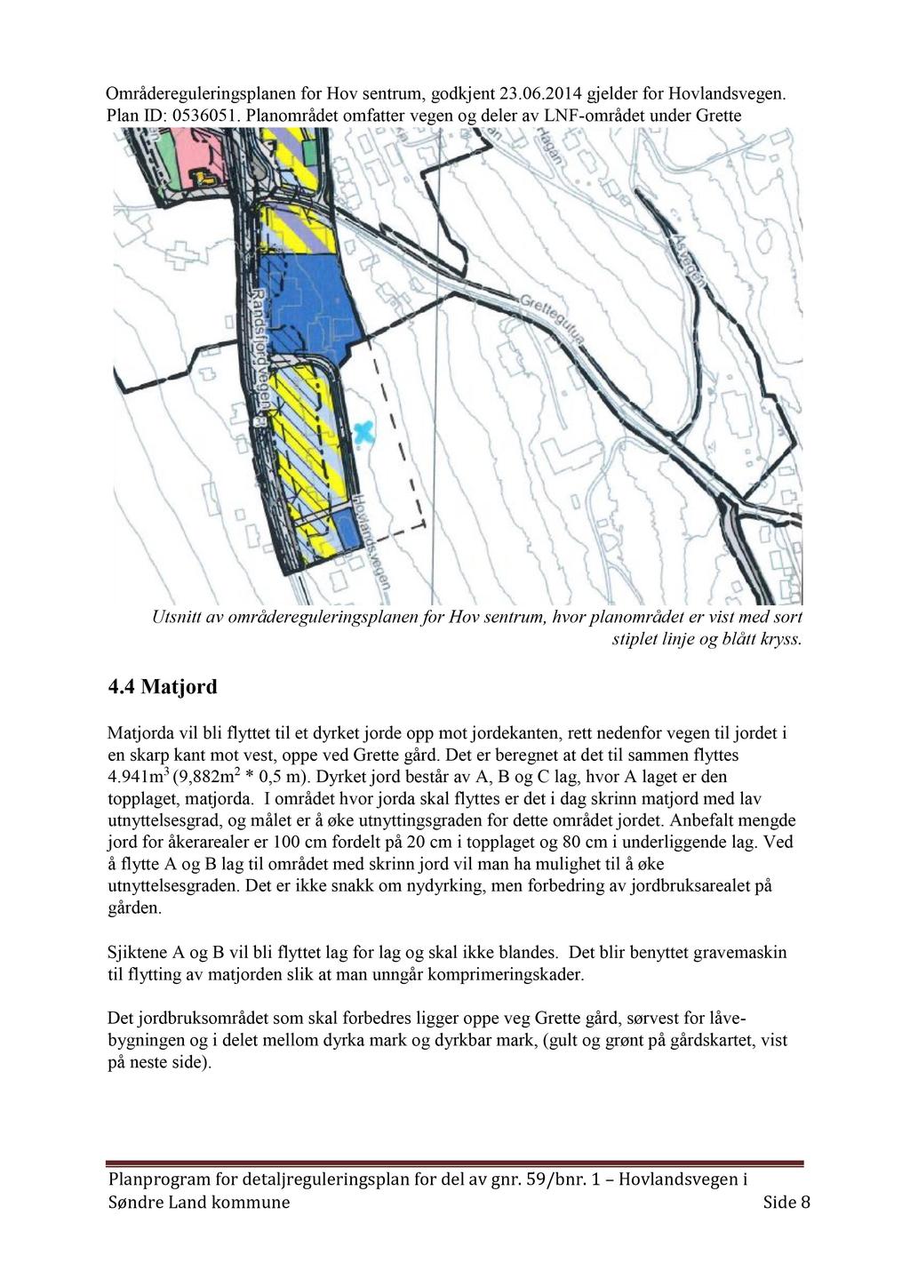 Områdereguleringsplanen for Hov sentrum,godkjent23.06.2014gjelderfor Hovlandsvegen. Plan ID: 0536051.