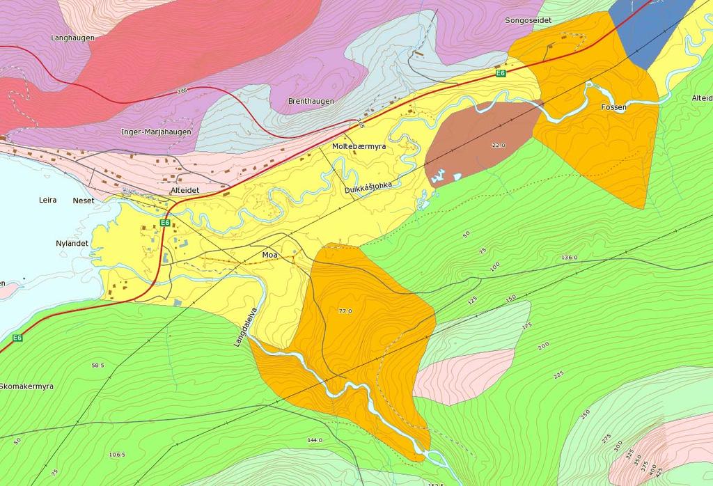 3.2 Geologiske forhold Det kvartærgeologiske kartet over området viser at løsmassene i dalgangen er dominert av elve- og breelvavsetninger ( Figur 1). Kartet er utarbeidet i målestokk 1:250.