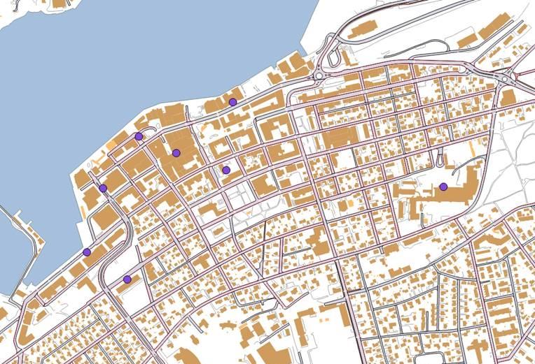 Figur 8 Viktige målpunkt er Moloveien, Glasshuset/Koch, Stormen, rådhuset, sykehuset mm. Skoler er ikke tatt med.