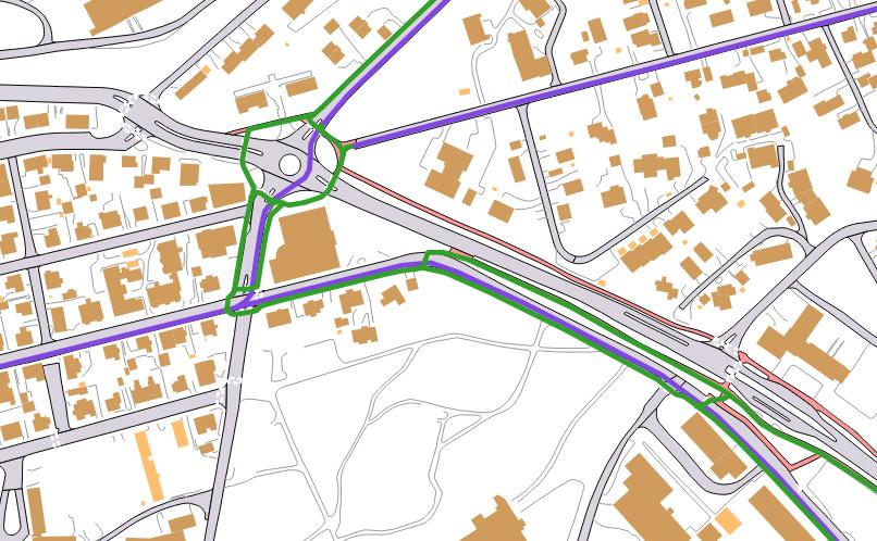 Figur 12 Kongens gate som sykkelrute. Mulige måter å sykle ut av sentrum. Grønn linje viser sykling på fortau eller gangog sykkelvei. Lilla linje viser sykling i kjørebanen.