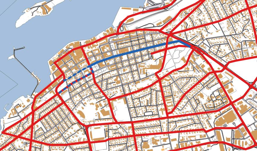 Figur 13 Kongens gate som sykkelrute. Prinsens gate beholdes som sykkelrute mellom sykehuset og gjennom Rensåsparken til Gamle Riksvei.