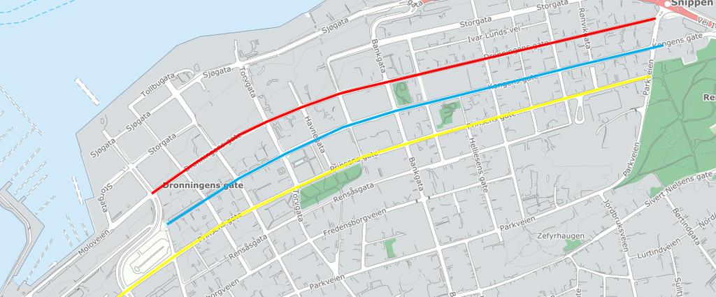 Om gatene De aktuelle gatene er vist på kart i figur 1. Figur 1 Dronningens gate vises med rød strek på kartet, Kongens gate med blå og Prinsens gate med gul strek.