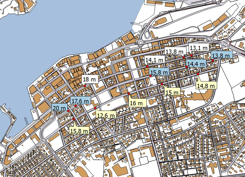 Figur 2 Bredden på gatene ved utvalgte punkter. Årsdøgntrafikk (ÅDT) Det ble gjennomført nye registreringer av ÅDT i Kongens gate og i Dronningen gate i juni 2017.