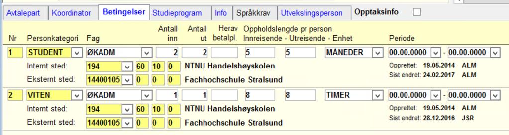 Betingelser: Fordi vi nå bruker Søknadsweb i forbindelse med utveksling, MÅ det legges inn informasjon her. Antallet betingelser og detaljene avhenger av avtalen vi jobber med.