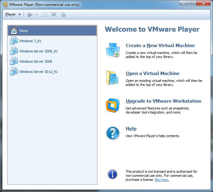 VMware Player Kan lage og kjøre VMer Hver VM må gis et navn lagres i en mappe med samme navn Filtyper i VMware.vmx konfigurasjonsfil for VM.