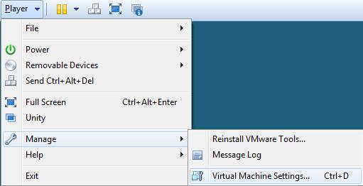 Nyttige knapper og menyvalg i VMware Player Vindu for konfigurering av virtuell maskinvare. Slå av, restarte eller suspende maskinen. Send Ctrl-Alt-Delete til VM'en.