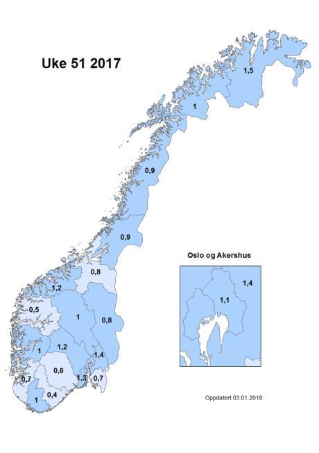 Kartet for uke 1/2018 viser forekomsten av influensalignende sykdom for Trøndelag (både for Sør- og Nord-Trøndelag).