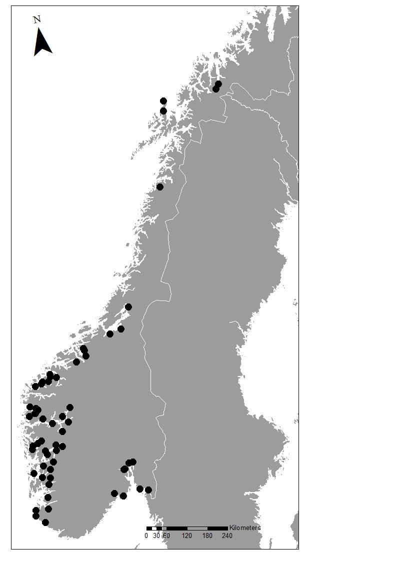 NINA Rapport 1330 3 Resultater I alt ble 2301 stamfisk fra 60 villaksbestander (Figur 2) analysert for opphav utfra vekstmønsteret i skjellene.