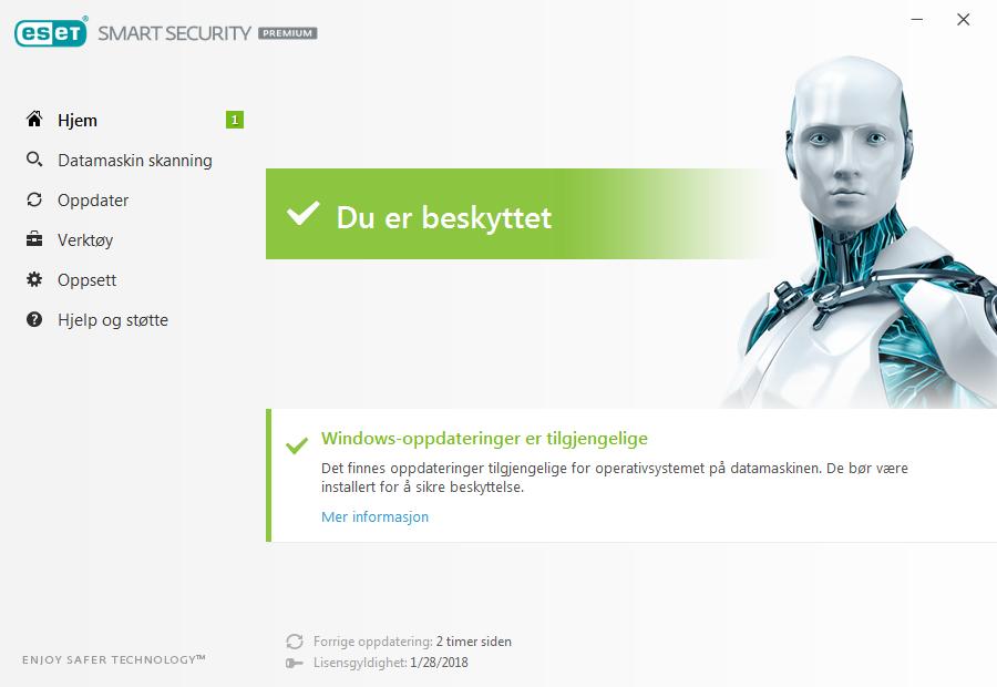 Delen Nyheter informerer deg om ESET-nyheter. Brukergrensesnitt Delen Hjem informerer deg om sikkerheten og gjeldende beskyttelsesnivå for datamaskinen.