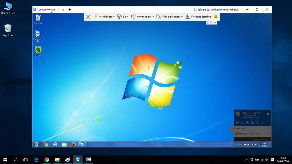 Oversikt over TeamViewer Du har opprettet forbindelse og overtatt kontrollen på problemmaskinen, og nå vises Skrivebordet derfra i et vindu på din pc (hjelpemaskinen).