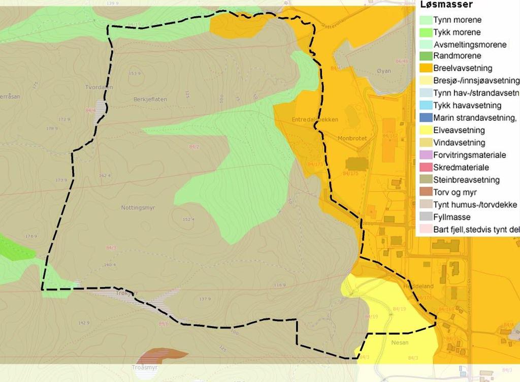 Figur 8: Kart som viser oversikt over løsmassene i planområdet hentet fra NGU. Planområdet er tegnet inn i kartet. 3.1.