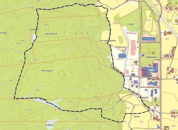 no Figur 3: Foreløpig plantegning av området ved Heddeland industriområde, med markering av planområdet