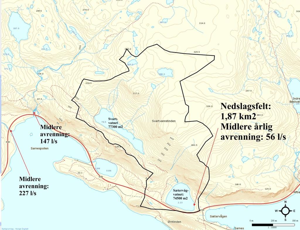 Hydrogeologiske forundersøkelser på Sarnes 13 Sætervågvatnet sitt nedslagsfelt er 1,87 km 2. Med en spesifikk avrenning av størrelsesorden 30 l/s pr km 2, blir midlere årlig avrenning 56 l/s.