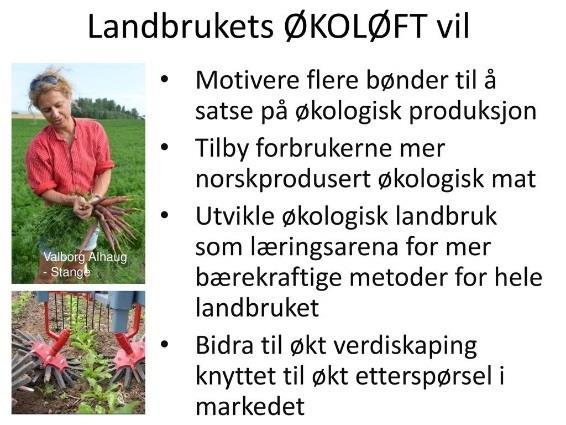 9 Økologisk landbruk og miljø Økologisk produksjon har en naturlig plass i landbruket og bidrar til et mangfold til forbrukerne. I 2016 økte salget av økologisk mat med 24 prosent, til 2,5 mrd.